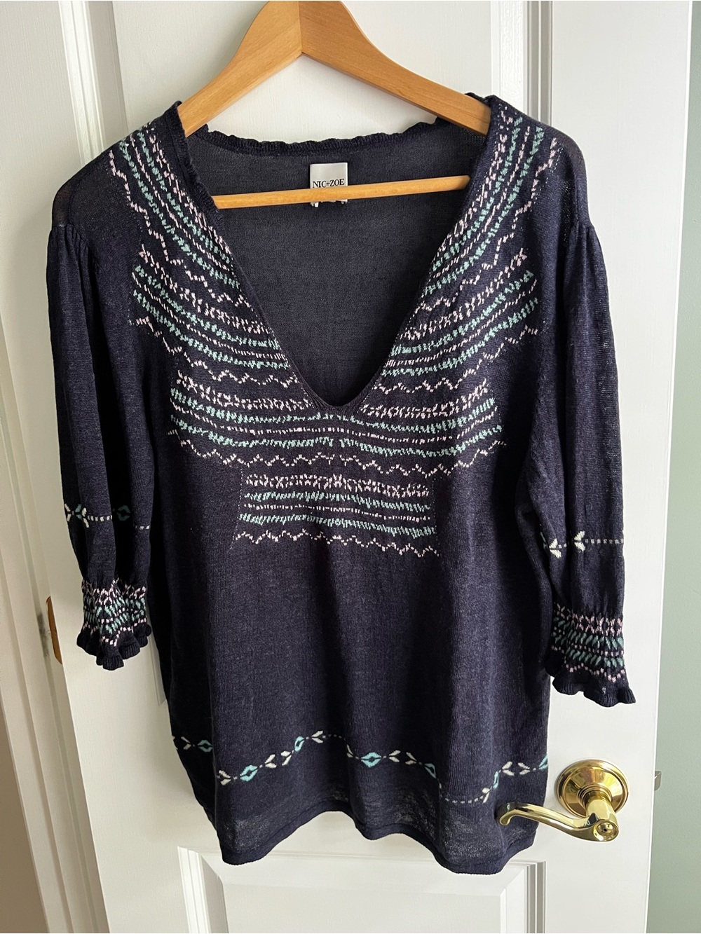 NIC+ZOE Intarsia Stitches Linen Blend Sweater Indigo Multi Size M READ FLAW